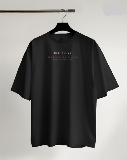 Black t-shirt with text on a hanger against a light gray background